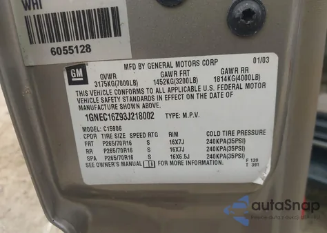 2003 Chevrolet Suburban 1500 Ls from USA, damaged, VIN 1GNEC16Z93J218002